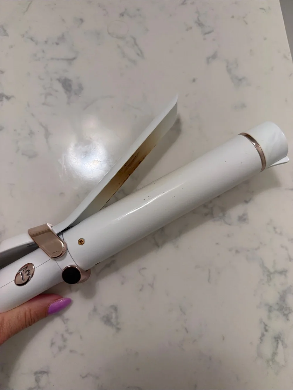 T3 Singlepass 1.25 inch ceramic curling iron in white and Rose Gold